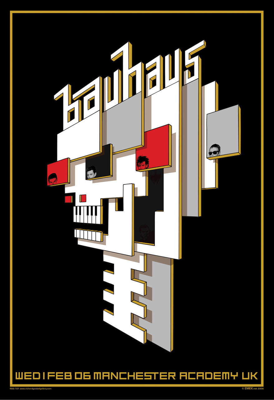 3D stylized skull design with geometric shapes and integrated band members' faces, surrounded by bold "Bauhaus" text in futuristic typography. Black background with accents of red and gold.
