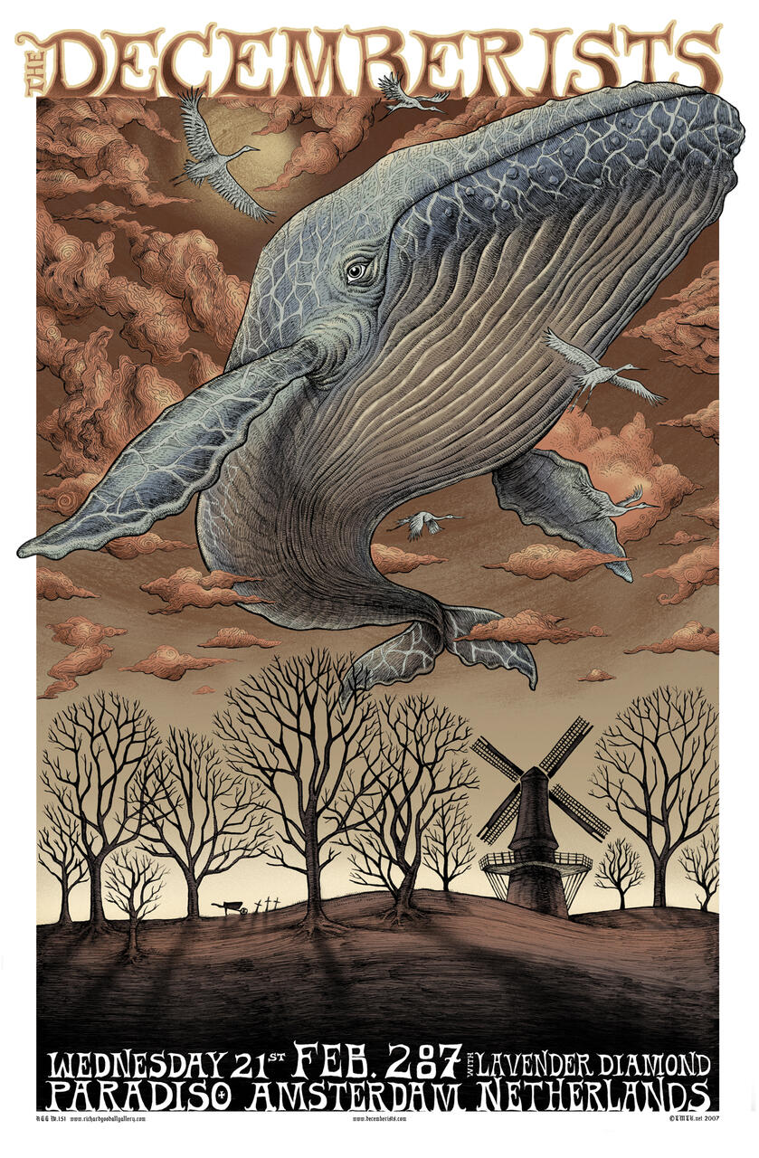 A large whale flies through a cloudy sky above a landscape of barren trees and a windmill. Birds surround the whale, adding a sense of motion. The color scheme is sepia-toned, creating a surreal and whimsical atmosphere. Musical event poster.