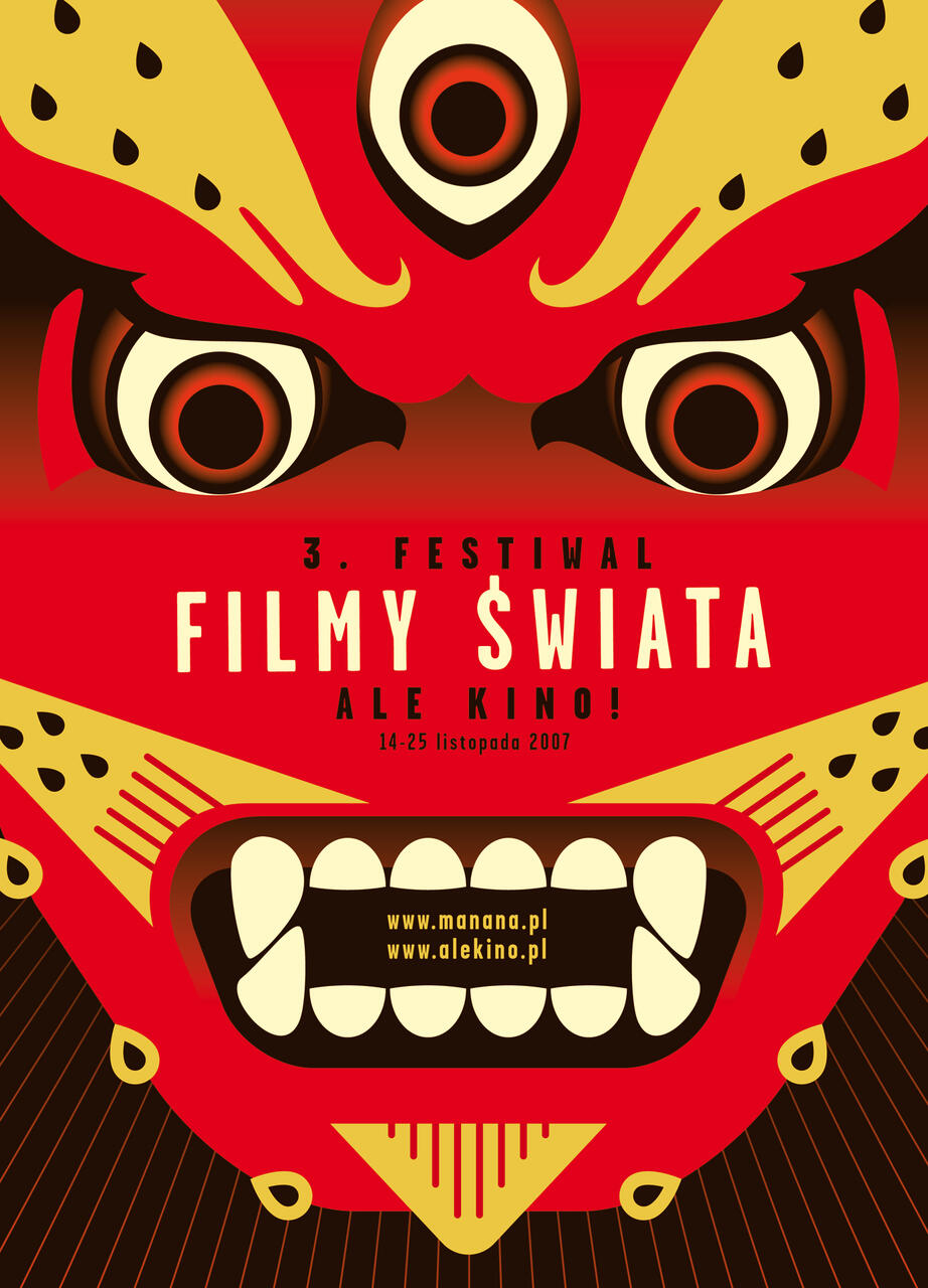 Stylized graphic of a fierce red and yellow mask with large eyes and bared teeth.