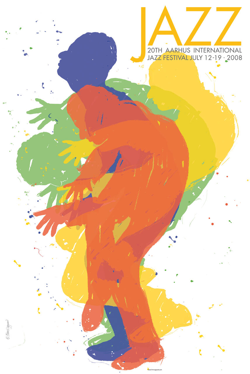 Colorful abstract illustration of a person dancing, composed of overlapping green, blue, yellow, and orange silhouettes with splashes of matching colors in the background.