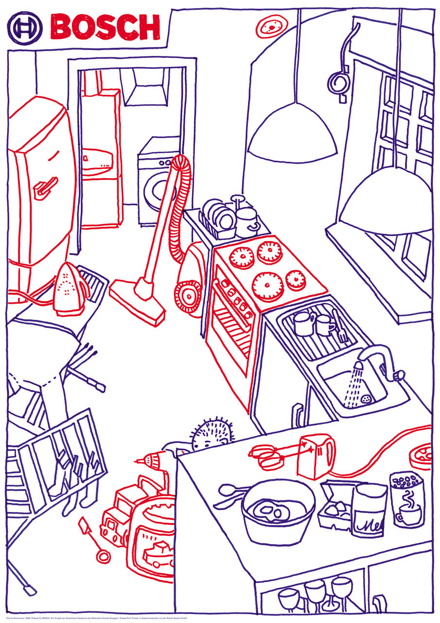A colorful outlined kitchen scene featuring large appliances like a fridge and oven in red and blue. Various kitchen and cleaning utensils are present, including a vacuum cleaner, iron, mixer, and dishes by the sink. A small character peeks over the counter.