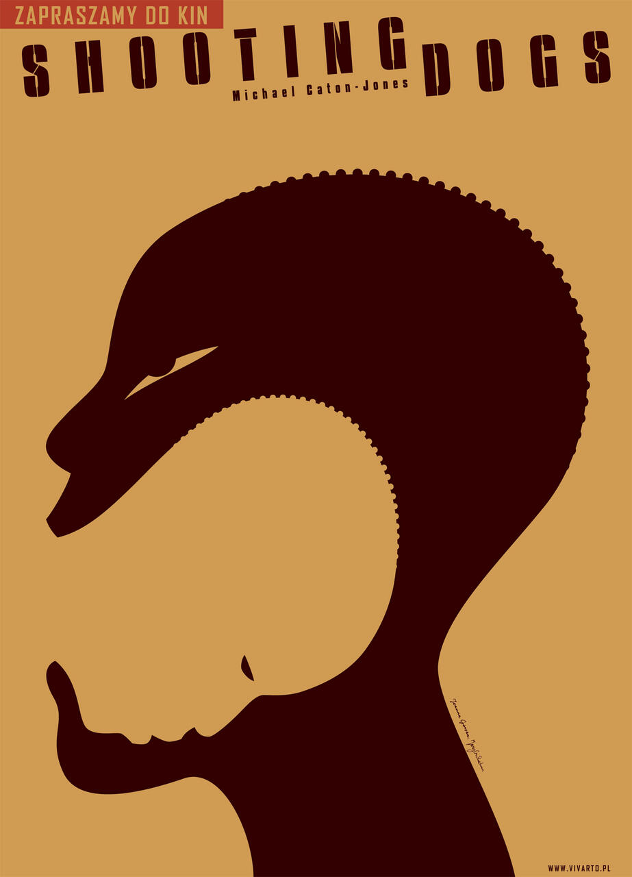 Stylized movie poster for "Shooting Dogs" featuring abstract profiles of a person and a dog in contrasting black and brown colors, with geometric text.