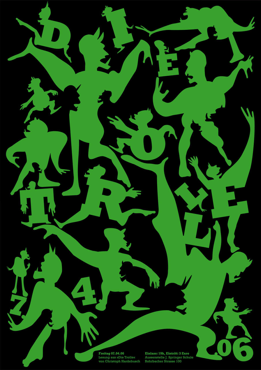 Green silhouettes of various whimsical characters and letters on a black background.