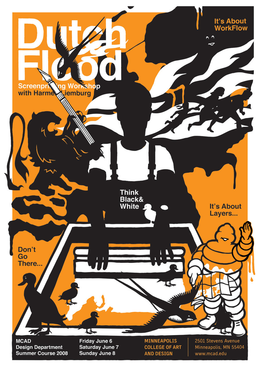 Abstract graphic poster in orange, black, and white promoting a screenprinting workshop. Features silhouettes of people, birds, and various design elements. Includes text about workflow and design layers.