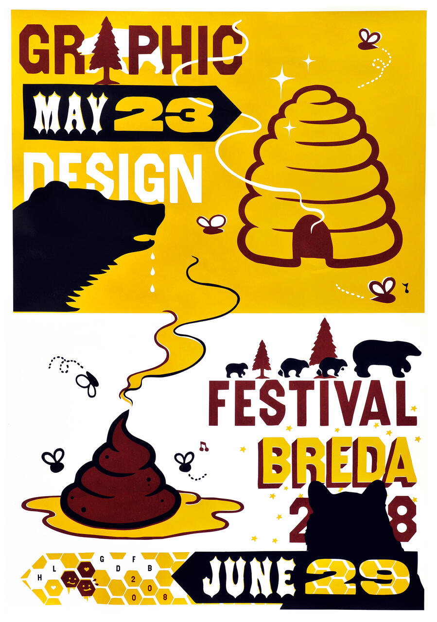 Colorful graphic design poster with yellow and brown tones featuring a bear head, a beehive, and bees around. Text highlights include dates and locations, with playful illustrations of trees and bears.