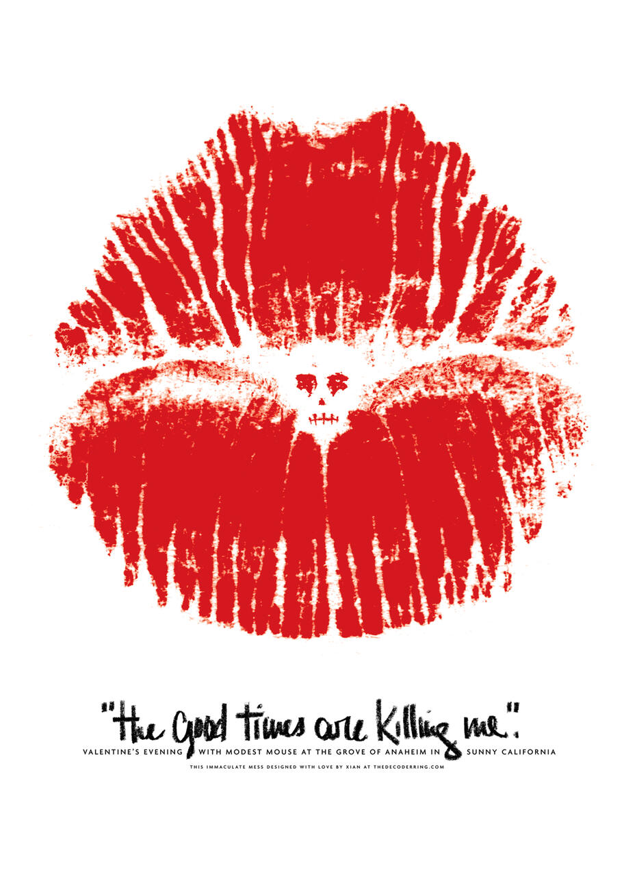 Red lipstick kiss print resembling a skull, with text beneath.