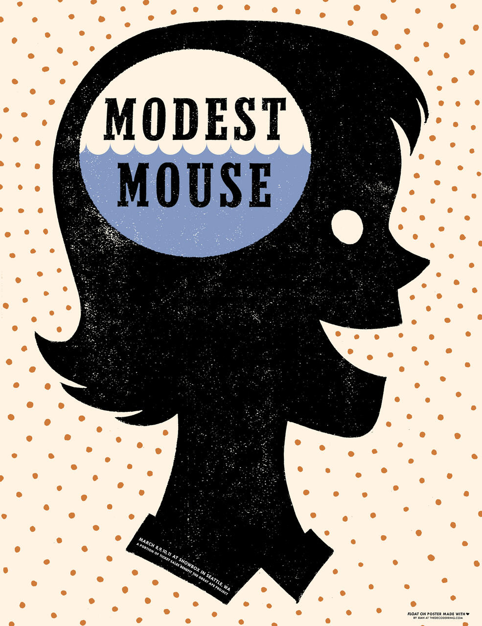 Silhouette of a profile with text "Modest Mouse" on a blue and white circle, against a dotted cream background. Graphic style.