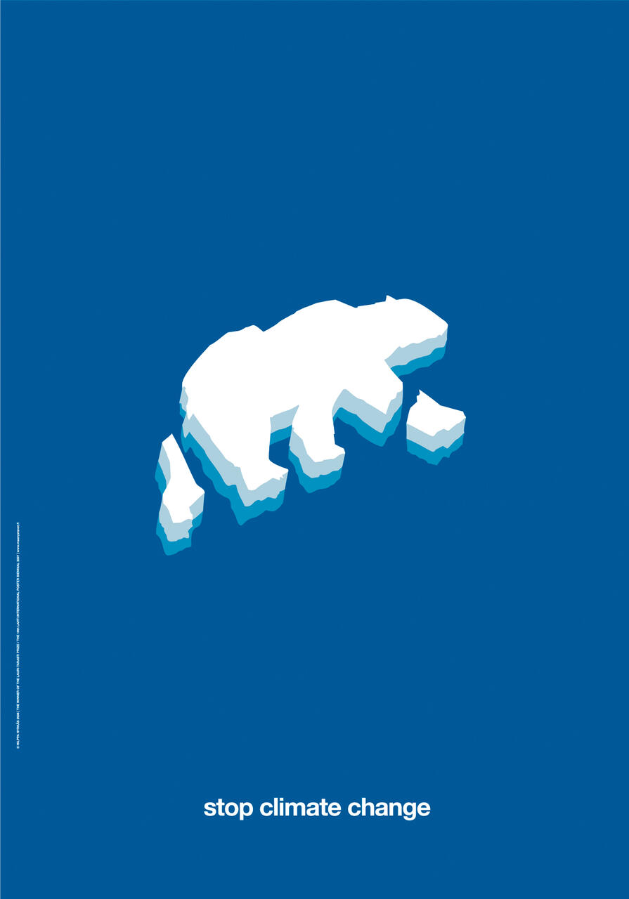 A blue poster showing a melting polar bear-shaped iceberg with broken pieces floating nearby. Text at the bottom reads "stop climate change."