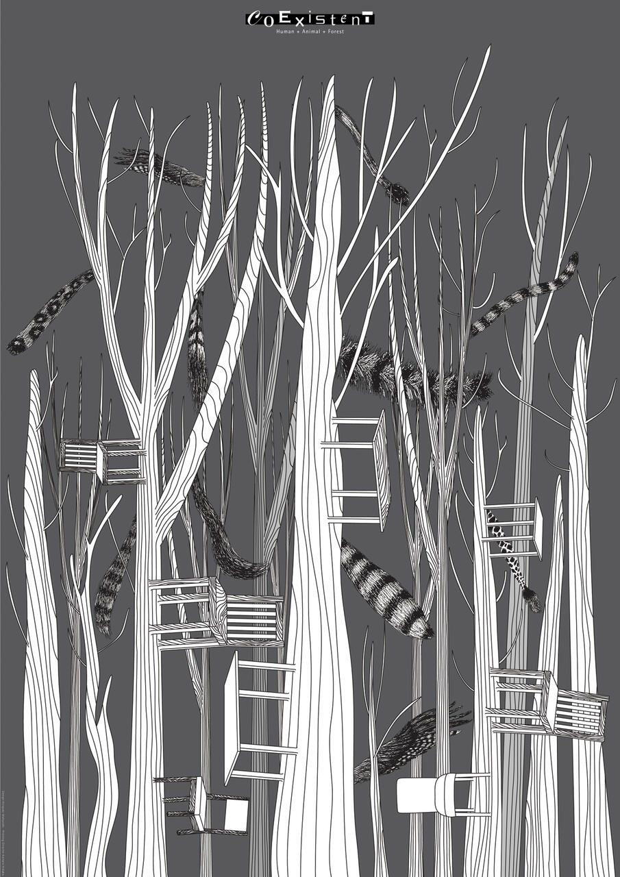 Stylized black and white illustration of a forest with leafless trees, intertwined with various animal tails and suspended wooden chairs amidst the branches.