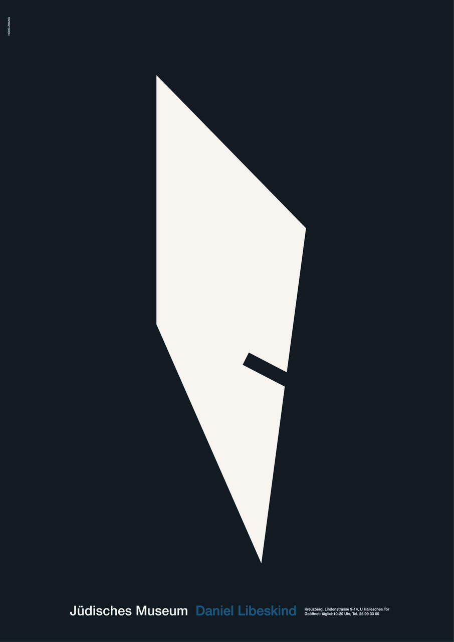 Abstract graphic of a white, angular shape on a dark background, resembling a stylized, elongated letter with a small cutout section, featuring the words "Jüdisches Museum" and "Daniel Libeskind" at the bottom.