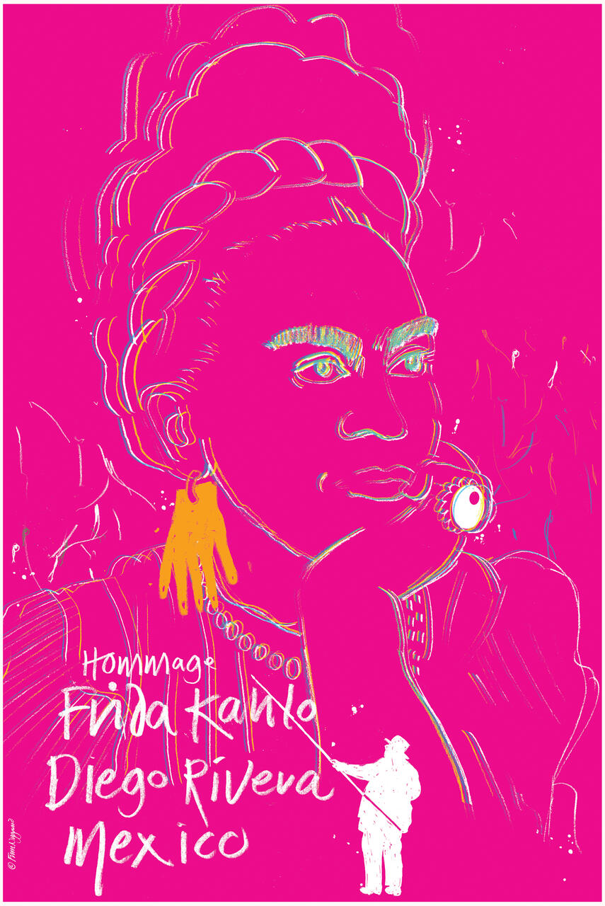 Illustrated portrait of a thoughtful woman in outline on a bright pink background, with bold earrings, and a figure painting. Text below reads "Hommage Frida Kahlo Diego Rivera Mexico" in artistic lettering.