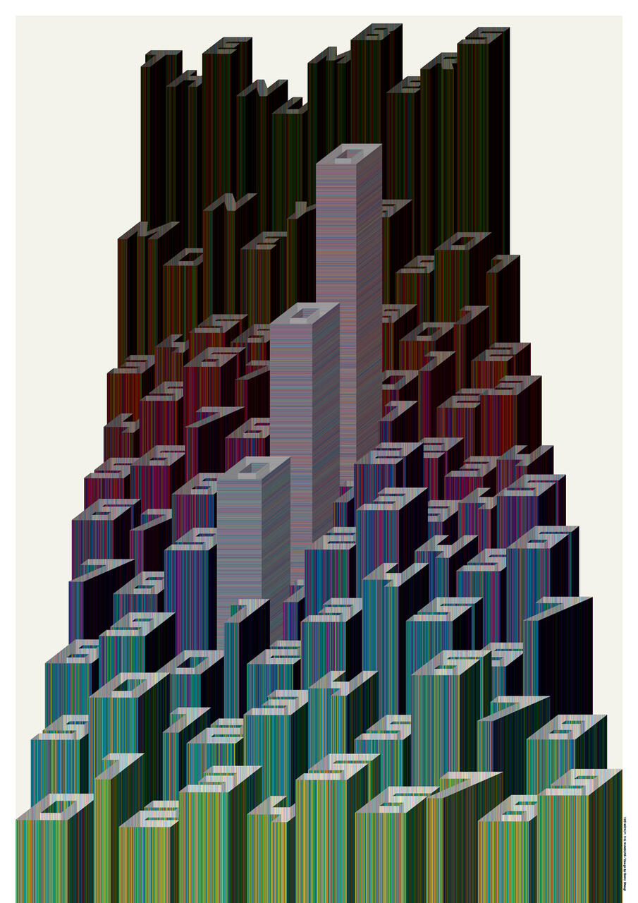 Abstract graphic with colorful, vertical columns of varying heights arranged in a pattern. Each column displays a numeral, creating a geometric cityscape effect. The colors transition from green at the bottom to dark hues at the top.