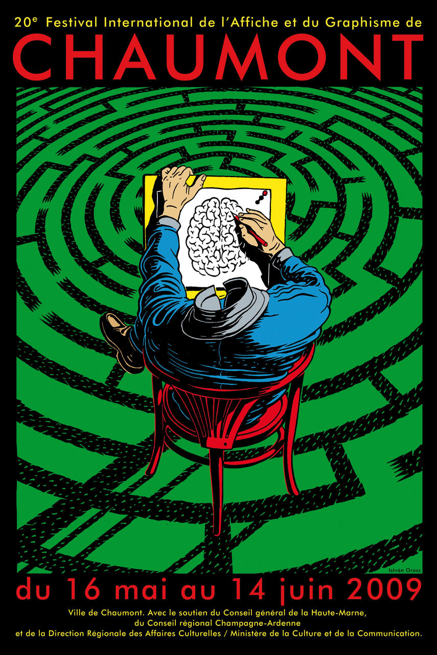A person in a blue coat sits on a red chair, drawing a maze with a brain-like pattern. The background features a larger green and black maze.
