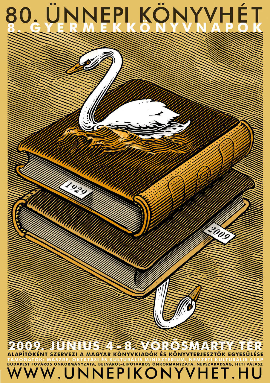Illustrated poster featuring two large books with a white swan swimming on top. The years "1929" and "2009" are marked on the books. The background is a warm golden color with wavy lines.