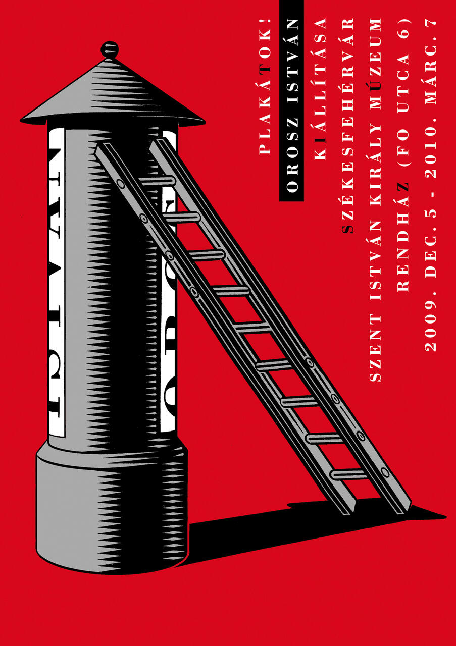 A stylized poster features a black and white cylindrical kiosk against a red background with a ladder leaning on it, casting shadows. Vertical and horizontal text elements in white and black.