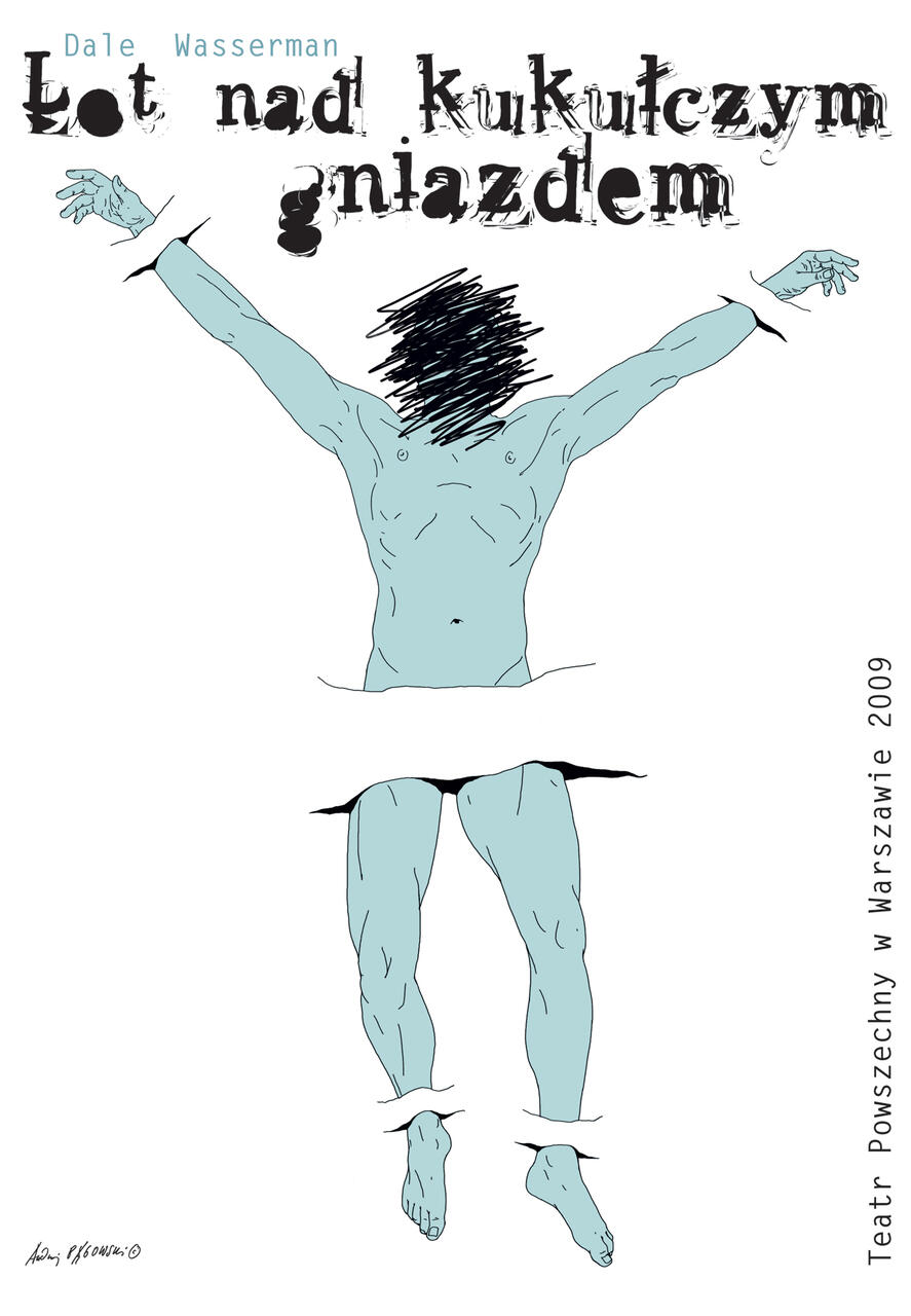 Abstract illustration of a fragmented human figure with outstretched arms and scribbled-out face. Text in Polish displayed prominently above. Simple line art style, mainly blue and black on a white background.