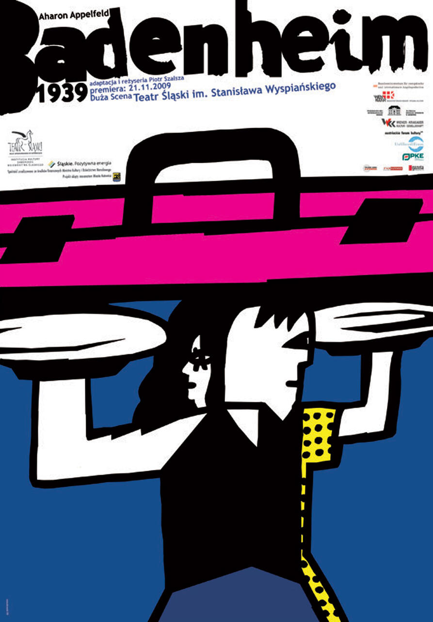 Two stylized figures in black and white carrying a large pink suitcase, set against a blue background. Bold black text at the top with additional blue information text. Graphic artwork for a theatrical production.