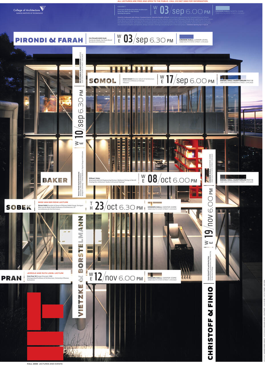Modern glass building with illuminated interior. Various text overlays with dates and names, indicating a lecture series at the College of Architecture, Illinois Institute of Technology. Background shows a twilight sky.