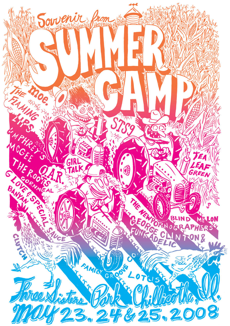 Colorful illustrated poster for a summer camp event featuring cartoon characters driving tractors through fields and lists of band names. Includes decorative elements like corn, roosters, and bold stylized text.