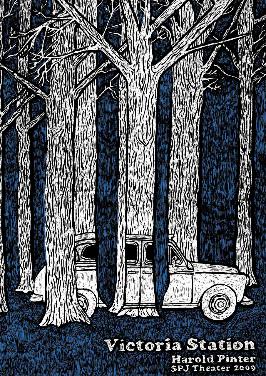 A white sketch of a car is partially hidden among black and white trees with a dark blue background.