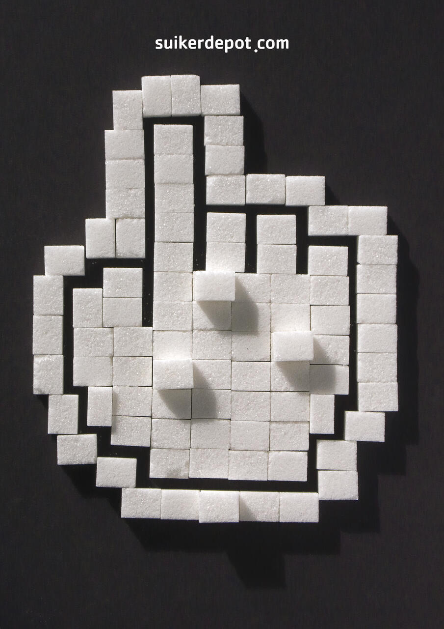A hand cursor icon made from stacked sugar cubes against a black background.