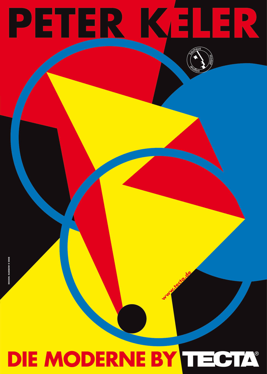 Bold geometric design with overlapping blue circles, a red triangle, and yellow shapes against a black background.