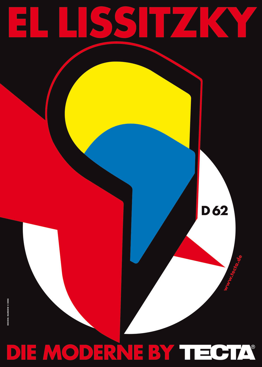 Bold geometric shapes in red, blue, yellow, and black form an abstract design on a black background, with white circular elements and red text accents.