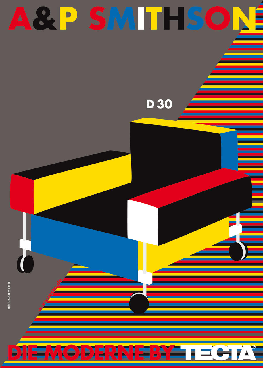 Graphic poster featuring a modern chair design with bold blocks of black, red, yellow, blue, and white on a striped multicolored floor, text includes "A&P Smithson" and "TECTA".