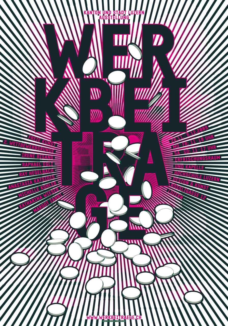 Bold black and pink text "WERKBEITRÄGE" is surrounded by white circles on a background of radiating black and pink lines.