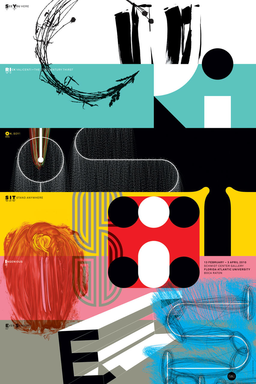 Abstract graphic poster with bold, black and white brush strokes, colorful geometric shapes, and text elements on different colored backgrounds including turquoise, yellow, and red.