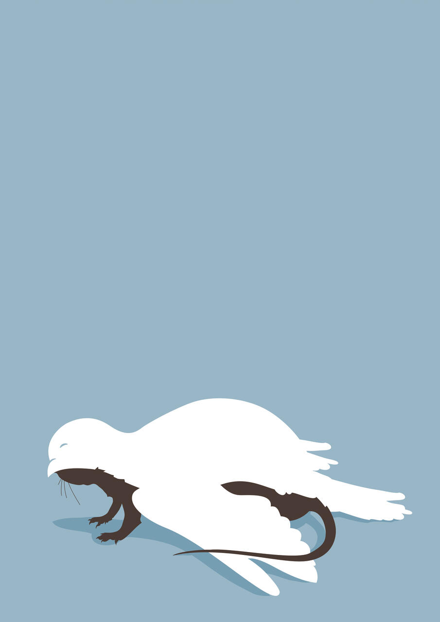 Silhouette of a white bird on a light blue background, clutching a small dark-colored rat in its beak and talons.