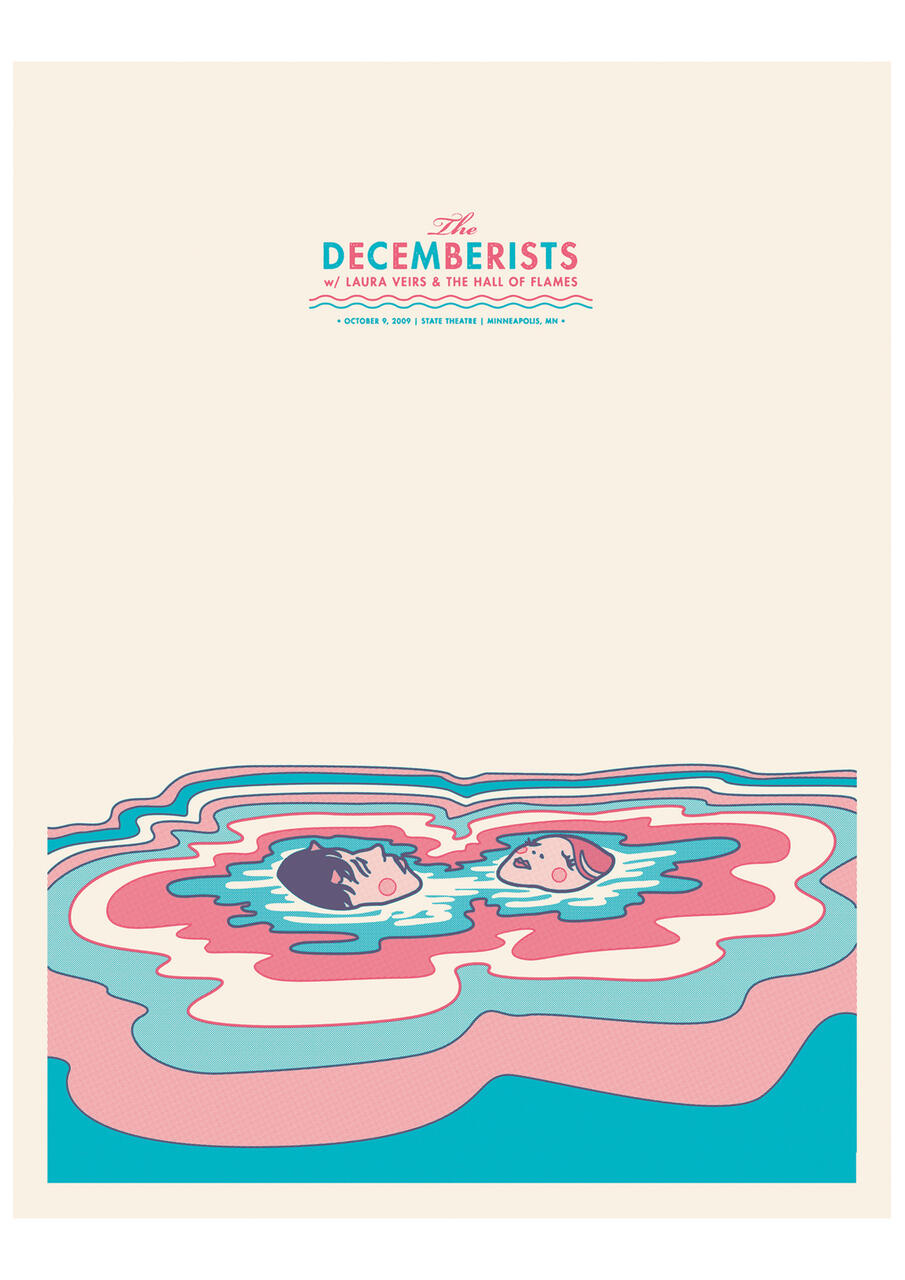 Two cartoon faces floating in abstract, wavy layers of pink, blue, and white, with concert details above.