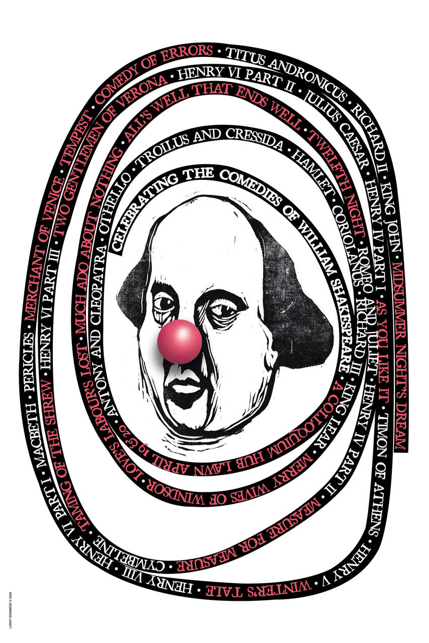 A stylized black and white illustration of William Shakespeare with a red clown nose, surrounded by the titles of his plays in a spiral pattern, alternating between red and black text.