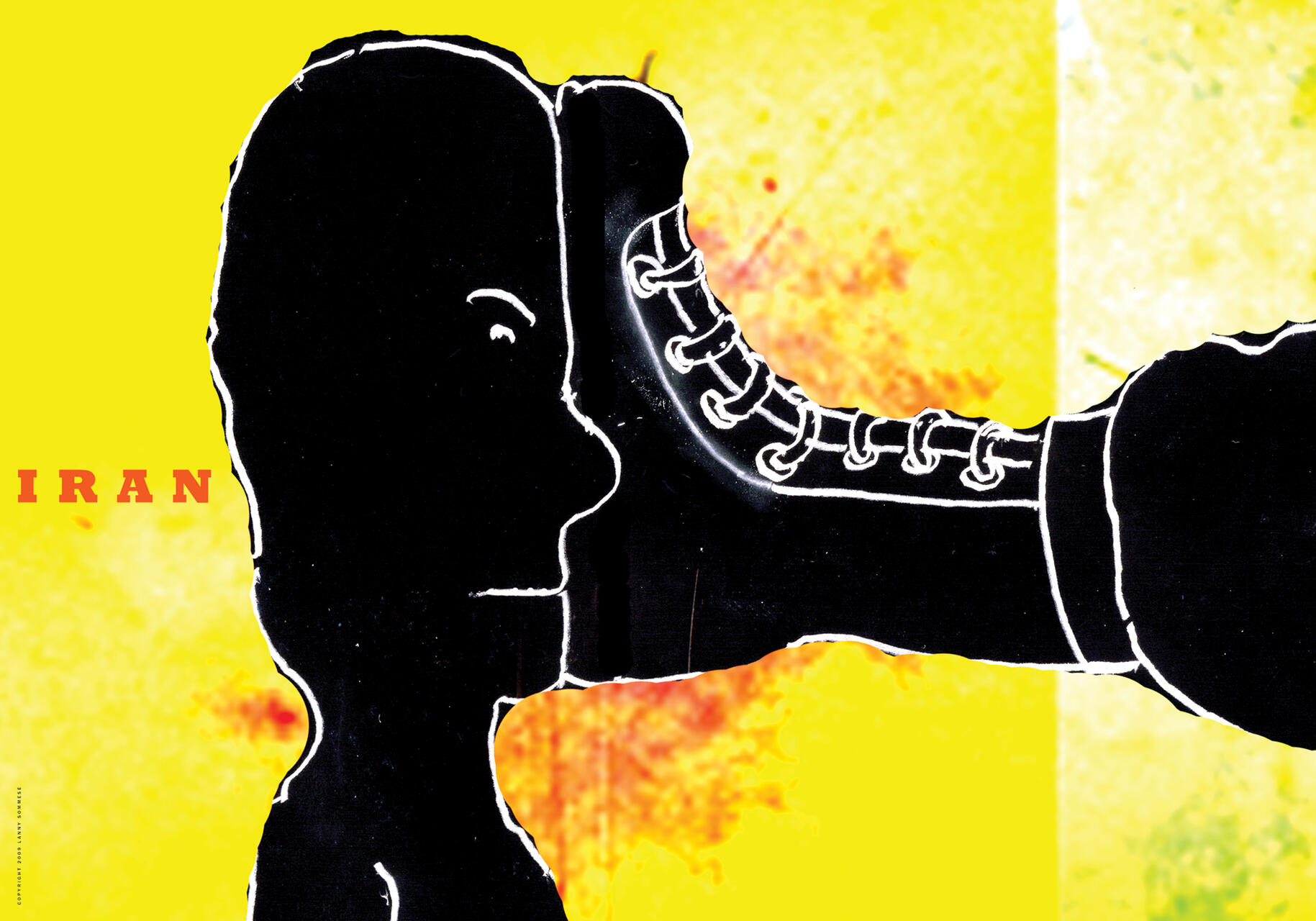 Silhouette of a person facing a large boot, set against a bright yellow background with red spots, creating a stark contrast and intense atmosphere.