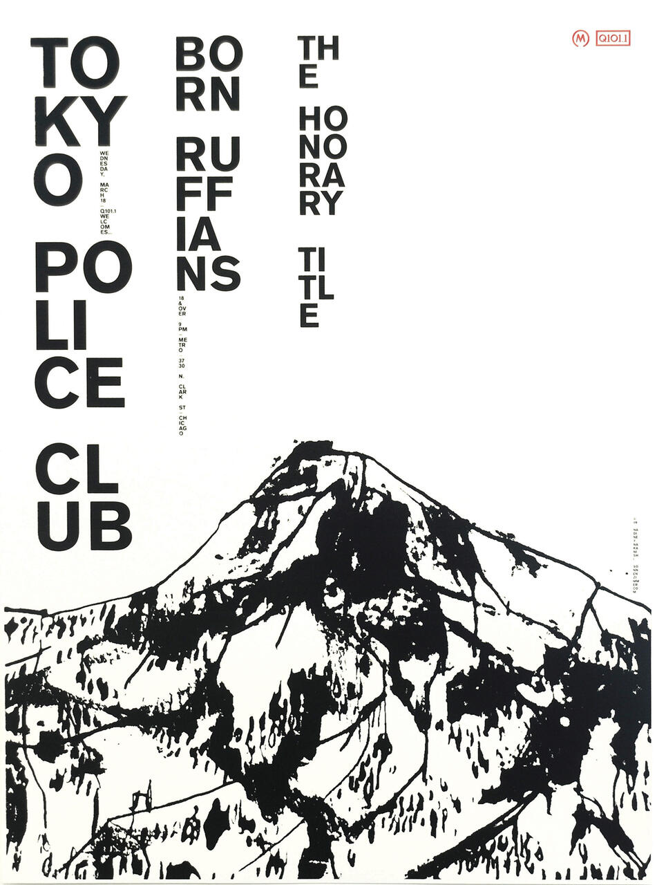 Concert poster with black text for Tokyo Police Club, Born Ruffians, and The Honorary Title, featuring a black and white graphic of a snow-covered mountain. Minimalist design with bold typography on a white background.