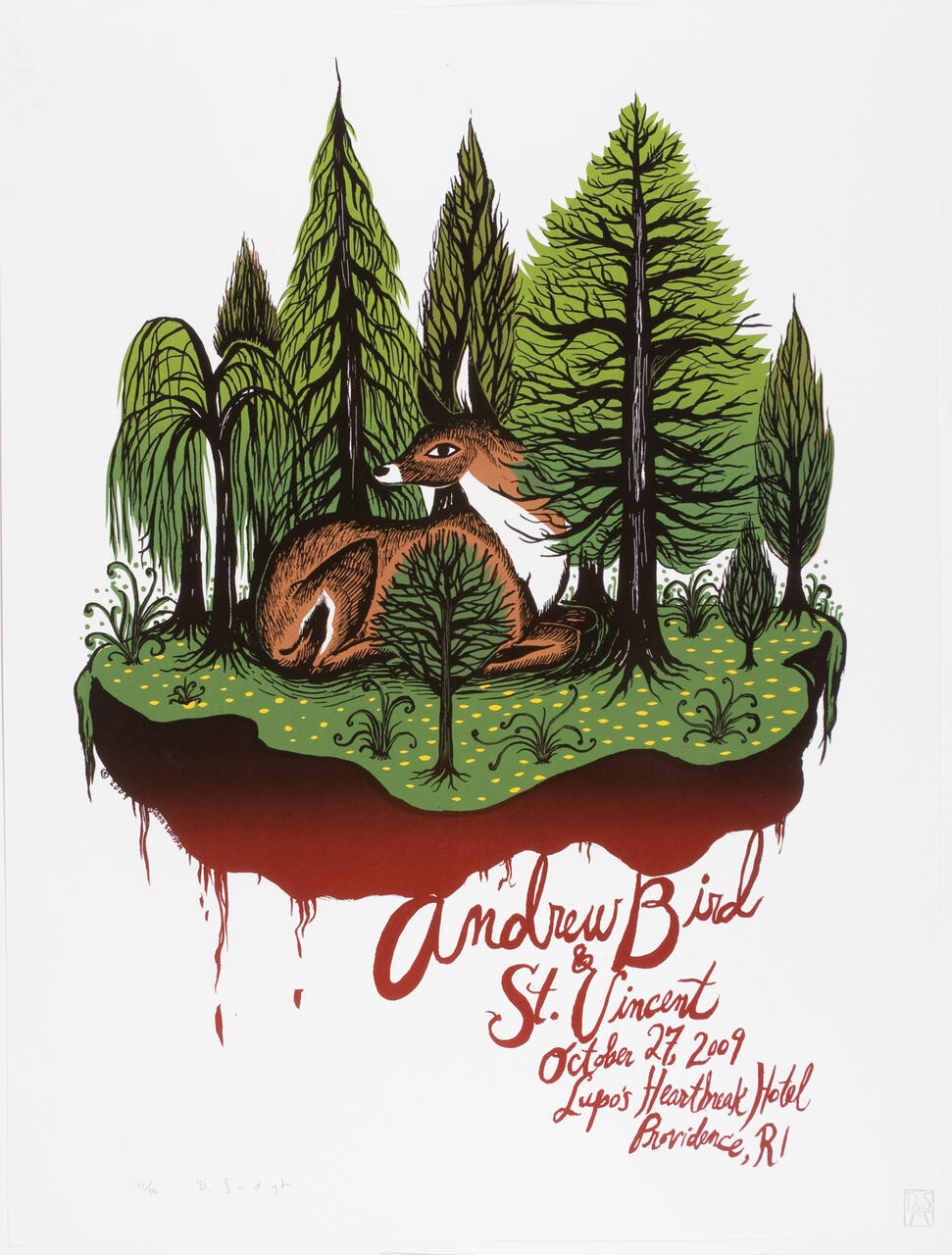 A graphic with a deer resting in a lush, floating forest with tall green trees and a brown ground. The bottom features decorative, red handwritten text.