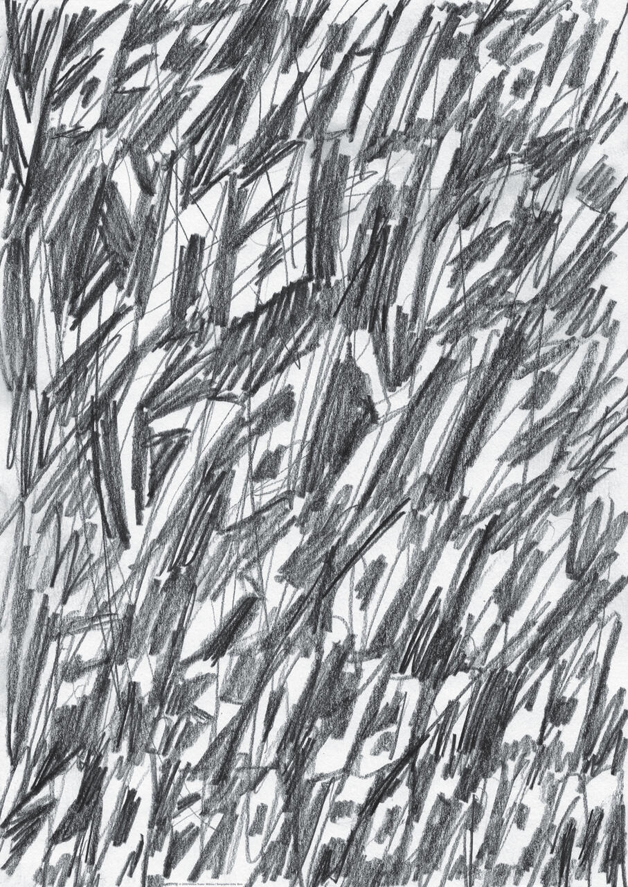 Chaotic black pencil scribbles covering a white background, creating an abstract and textured pattern.