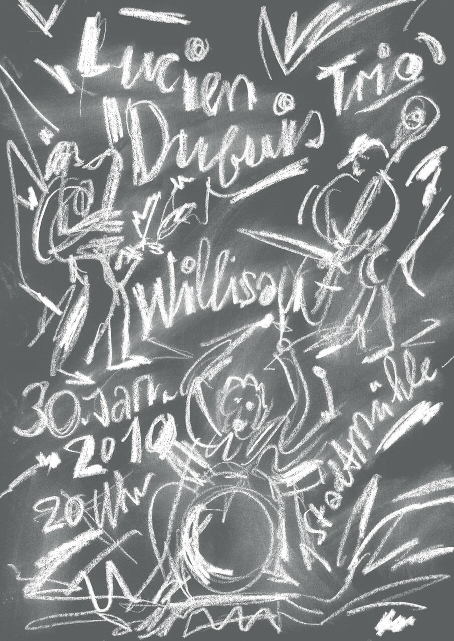 Chalk-style drawing on a dark background depicting abstract musicians playing instruments with dynamic lines and shapes, creating a sense of energy and movement.