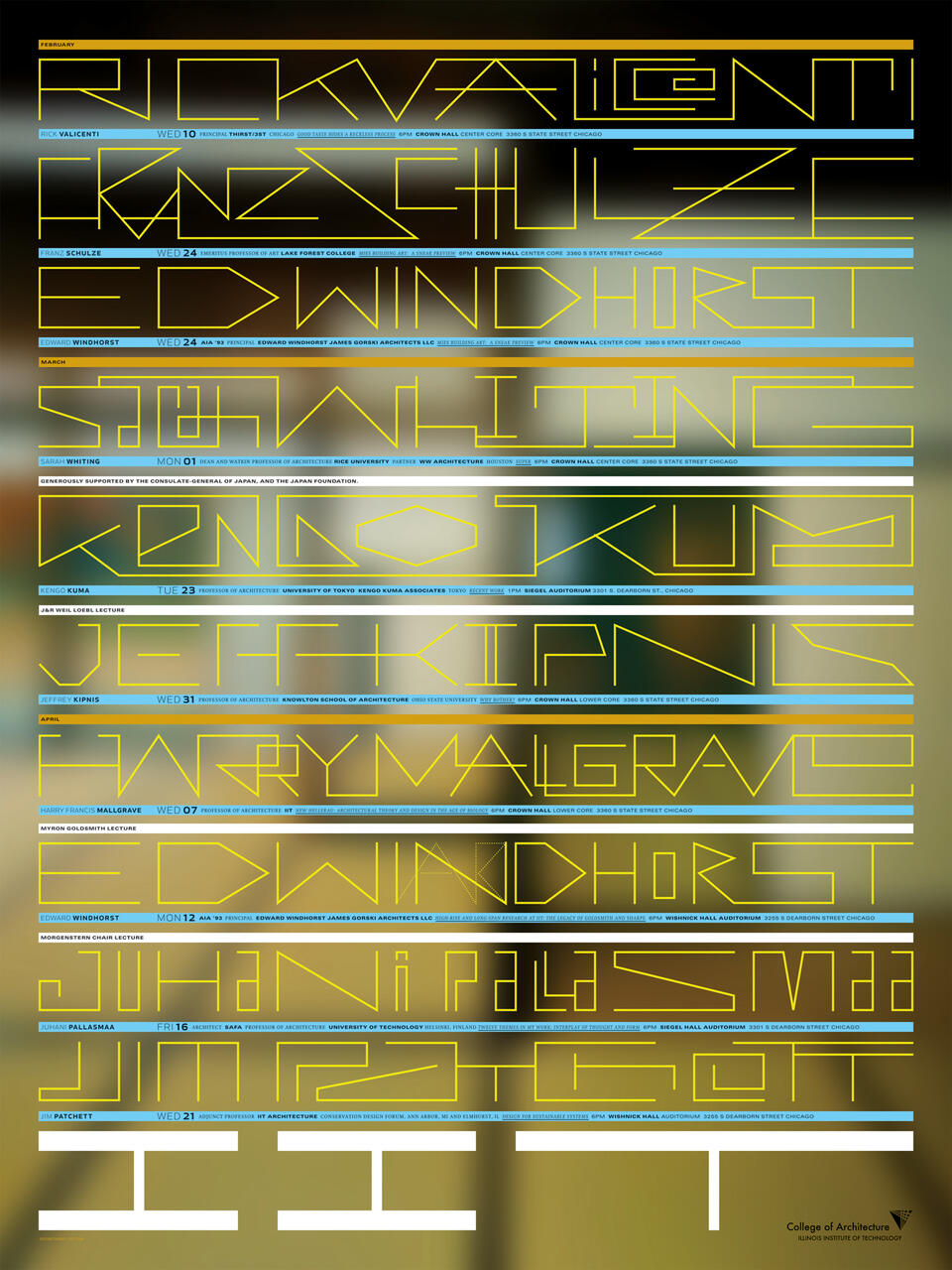 Geometric typeface design poster with names and lecture details in yellow on a blurred background, titled "College of Architecture, Illinois Institute of Technology".