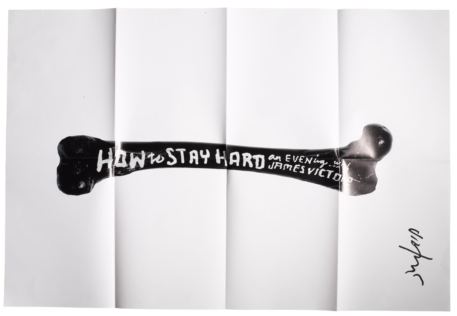 Black bone graphic with text "How to Stay Hard" and "an evening with James Victore," on a white paper background.