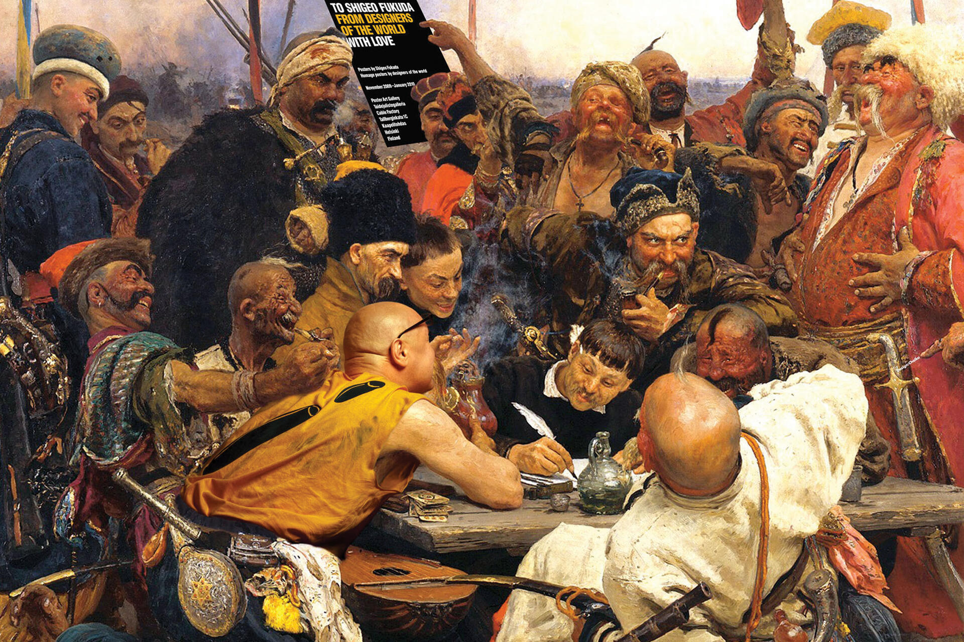 A lively scene of men gathered around a table laughing and writing, dressed in colorful traditional attire. One man, wearing modern attire, stands out among the historical figures. The atmosphere is animated and jovial.