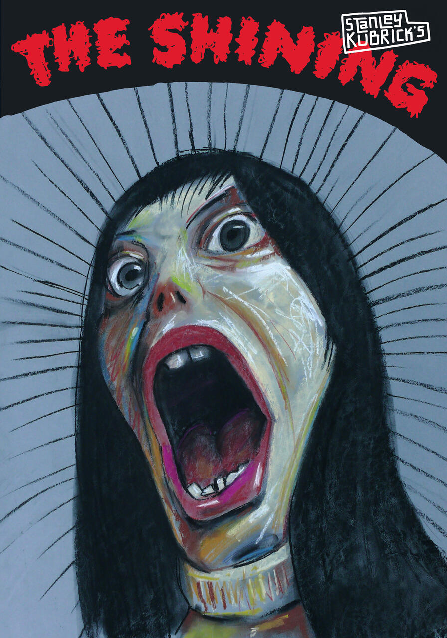 A distorted, expressive drawing showcasing a person's face in terror, with wide eyes and an open mouth. The background features radiating lines. The style is bold and colorful, conveying intense emotion.