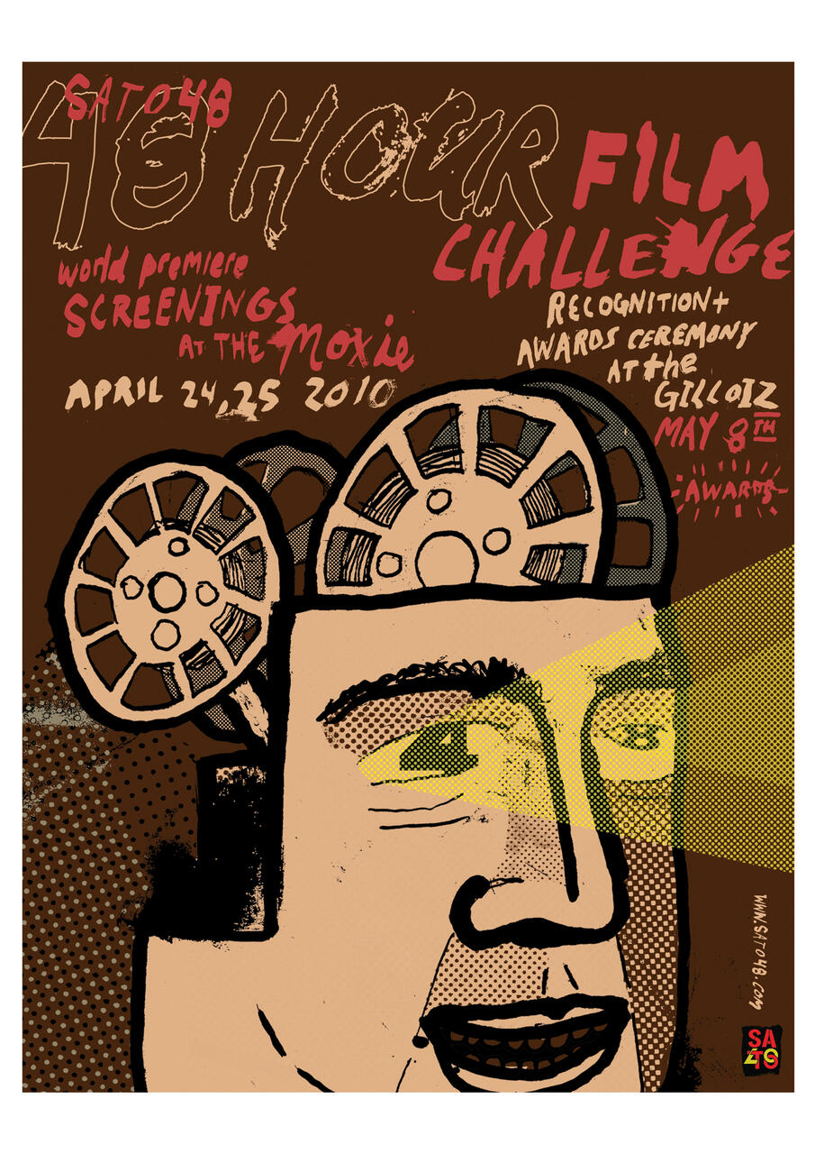 Graphic poster with a stylized human face wearing film reels as a hat. Yellow beams emanate from the eyes. Text promotes a 48-hour film challenge with screening and award details on a brown background.