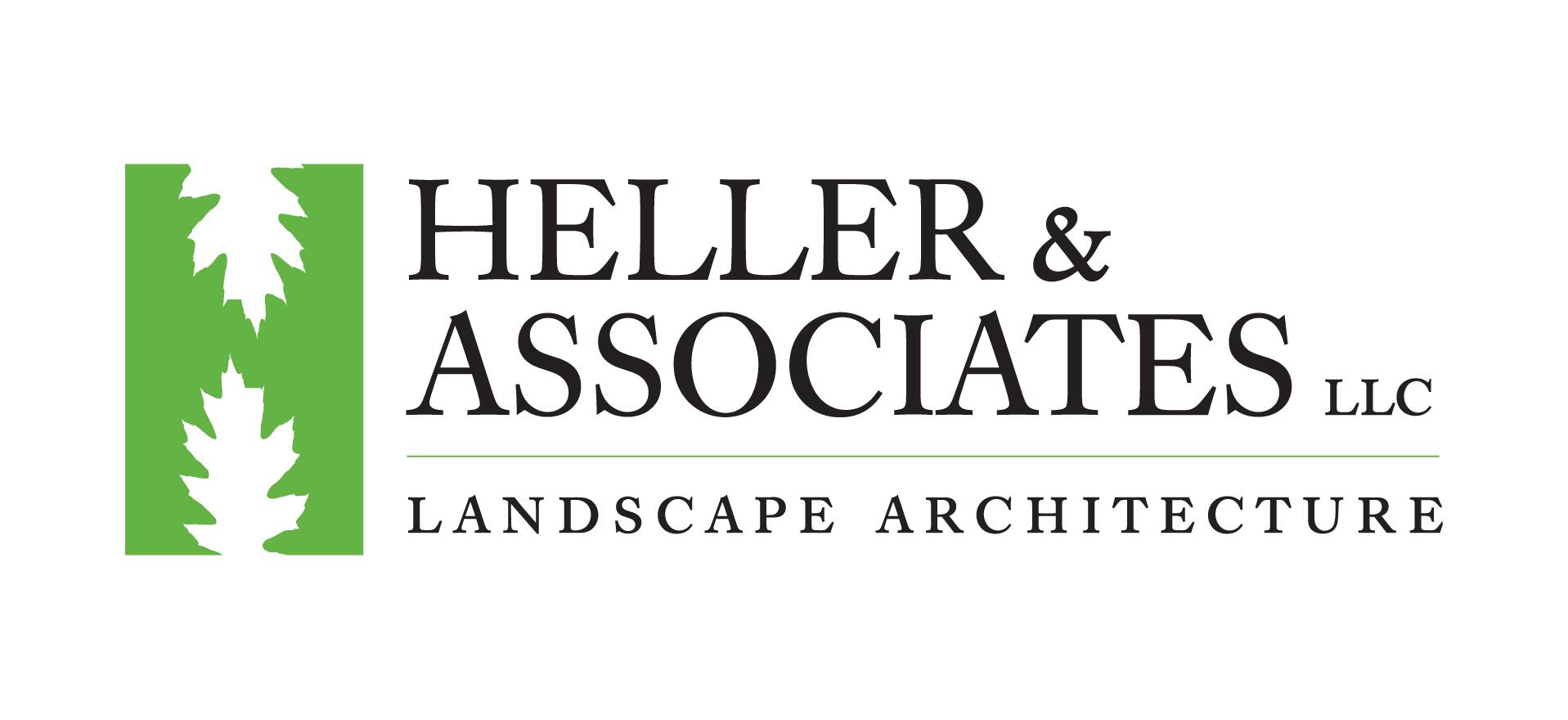 Heller & Associates LLC logo, featuring a green rectangle with white oak leaves on the left and text "Landscape Architecture" below.