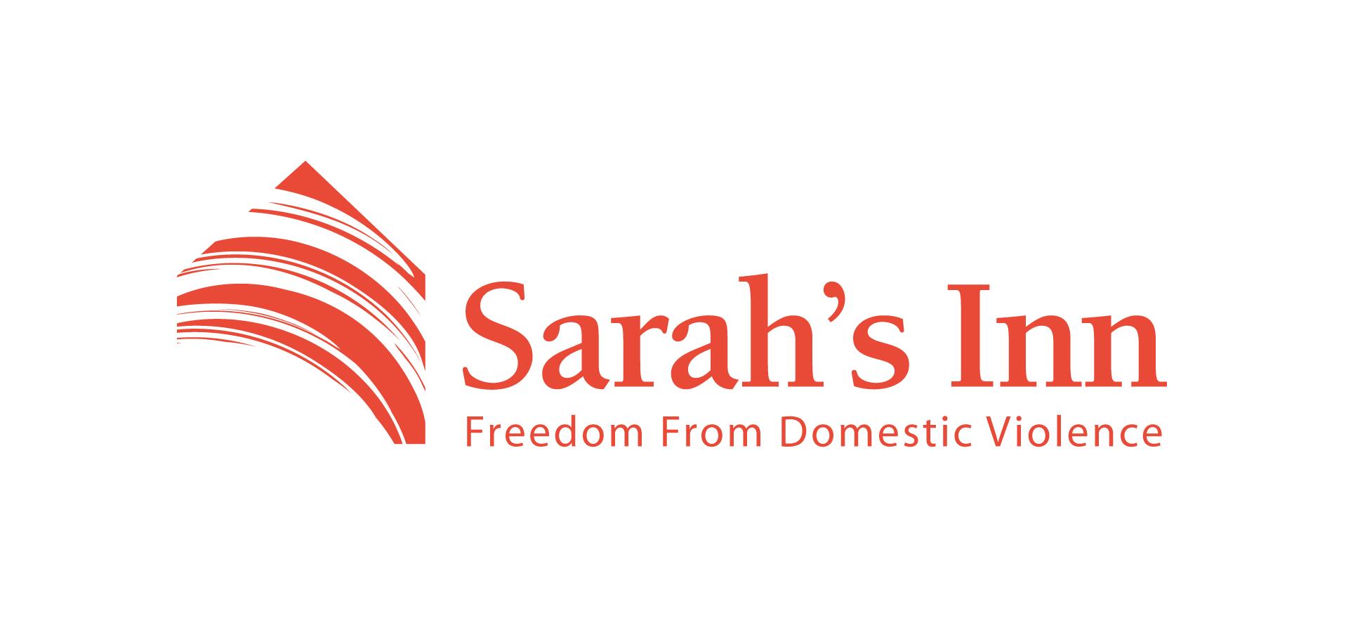 Red logo for "Sarah's Inn" with the tagline "Freedom From Domestic Violence," featuring curved lines resembling a stylized roof or shelter.