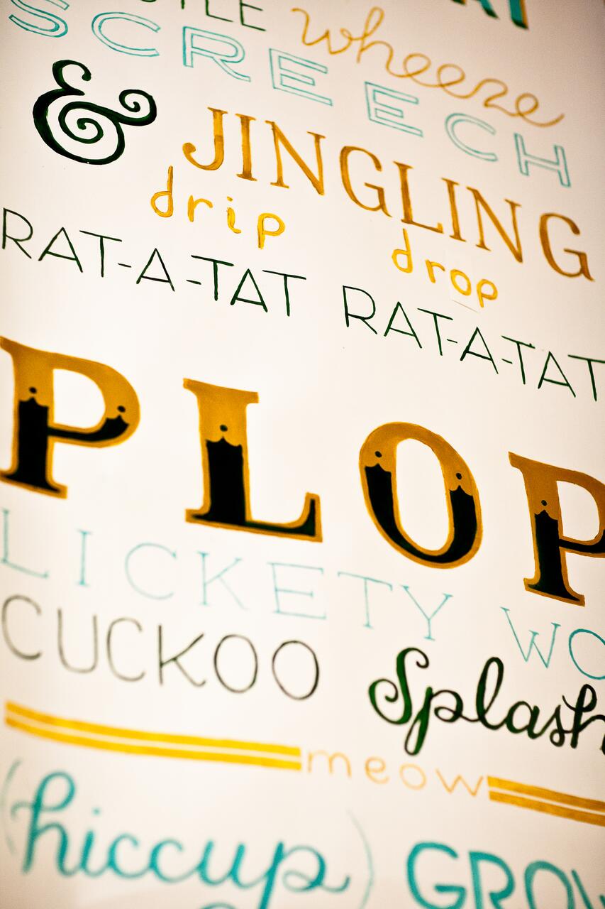 Stylized typography with various onomatopoeic words in different fonts and colors, including "Jingling," "Plop," "Cuckoo," and "Splash," on a white background.