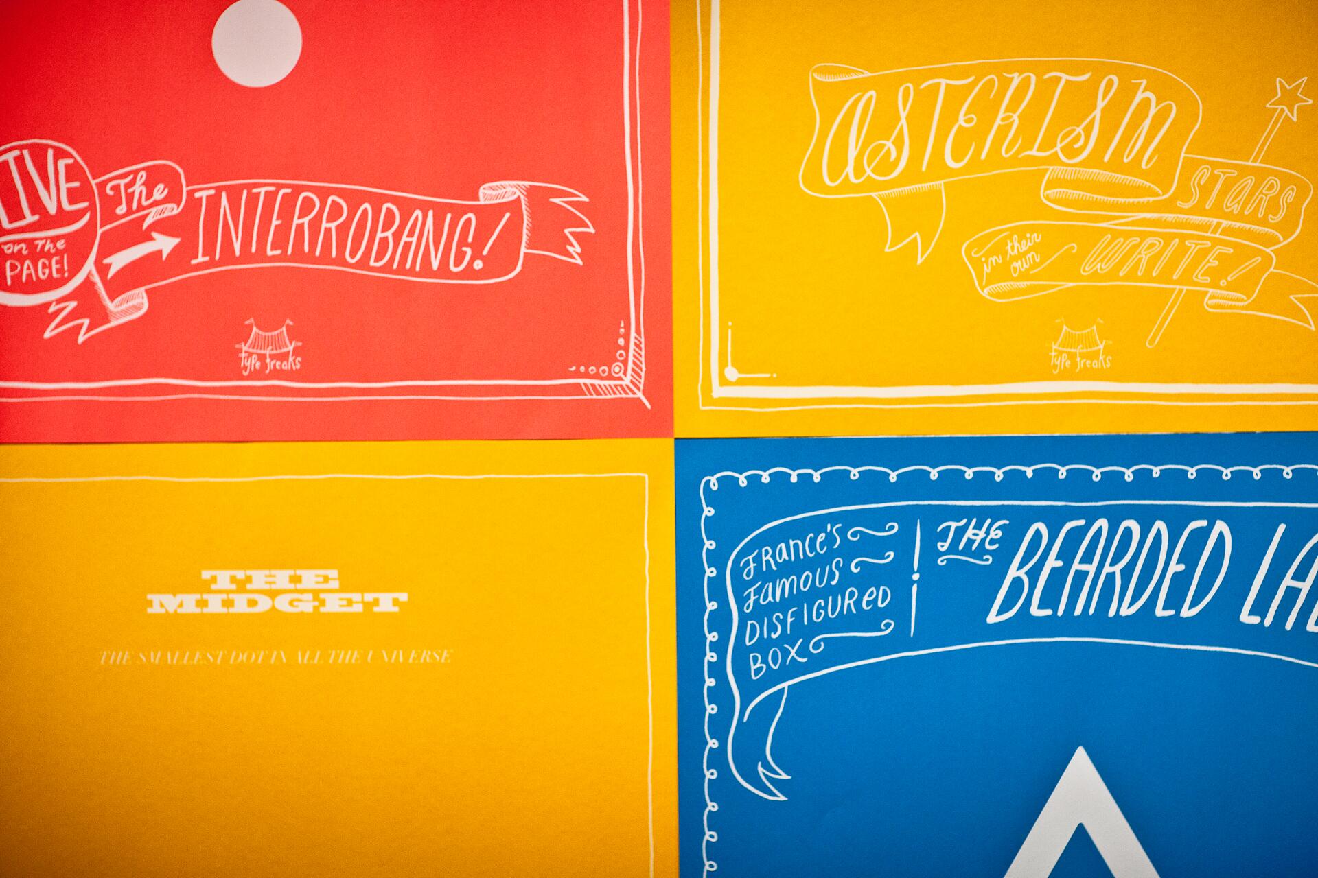 Colorful posters with playful, hand-lettered fonts on red, yellow, and blue backgrounds. Each segment contains whimsical text and decorative banners.