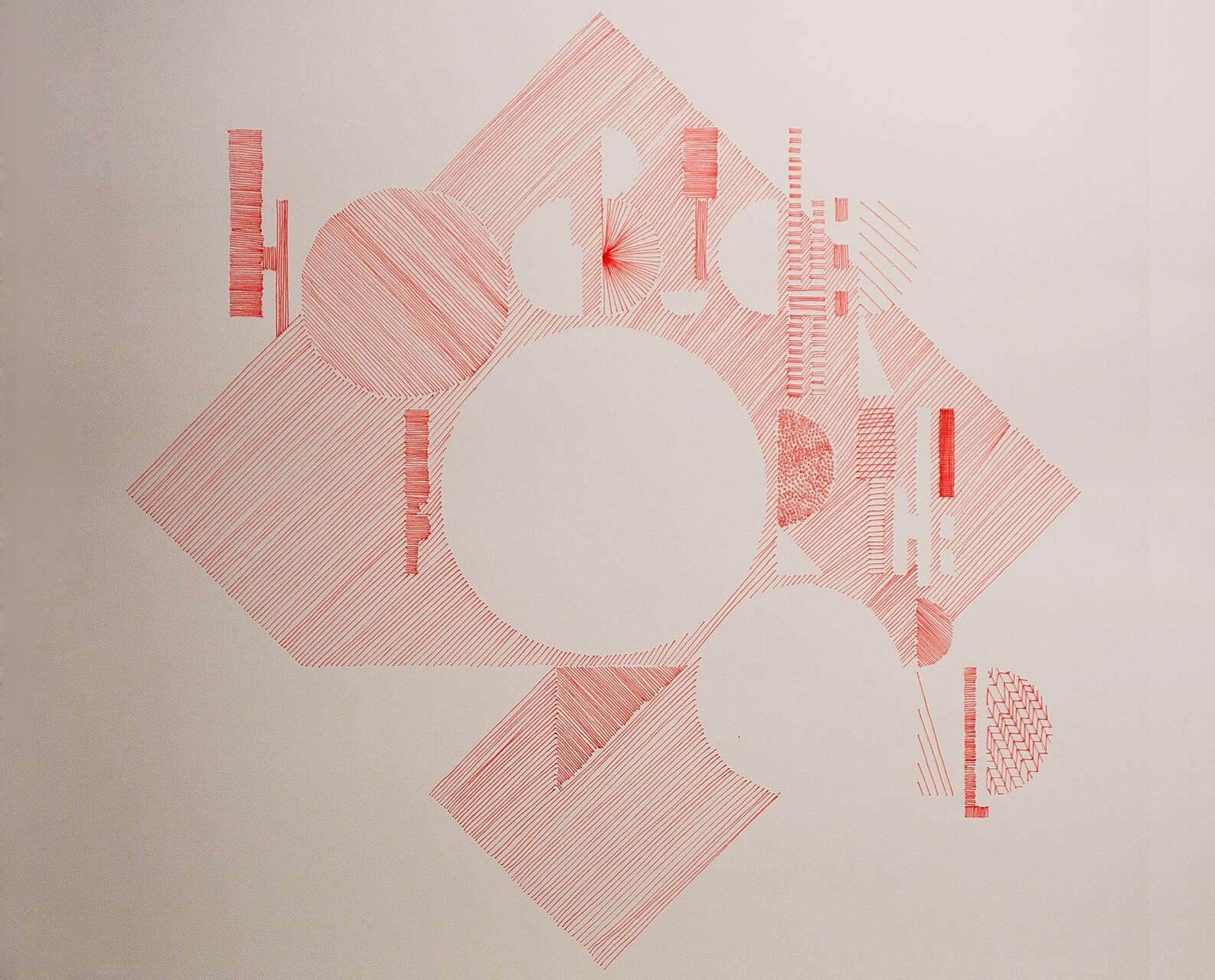 Abstract graphic with red diagonal lines, forming geometric shapes and circles on a beige background.