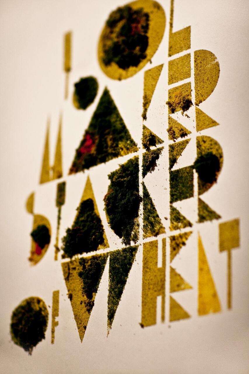 Abstract design with geometric shapes in green and yellow, resembling stenciled moss on a white background.