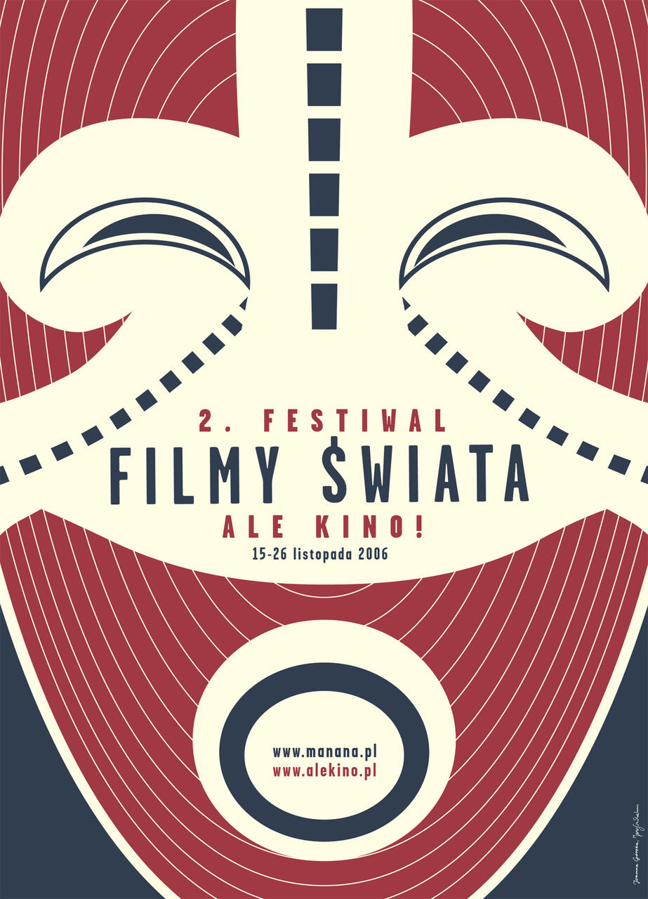 Stylized graphic poster for the 2nd World Films Festival "Ale Kino!" featuring abstract facial design with curved lines and a bold color scheme of red, cream, and dark blue. Dates are November 15-26, 2006.